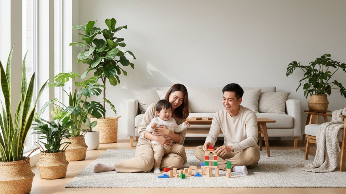 Gia đình Việt Nam vui vẻ trên sàn gỗ công nghiệp an toàn sức khỏe