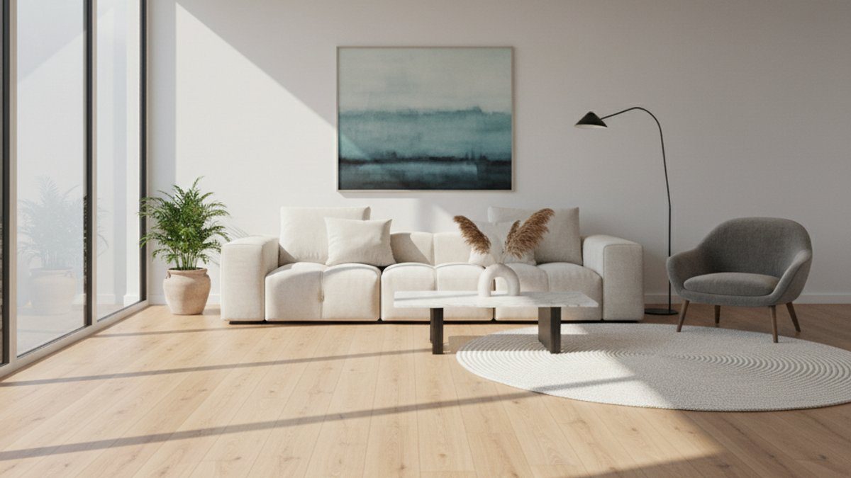 Phòng khách với sàn gỗ công nghiệp sạch sẽ và bền đẹp
