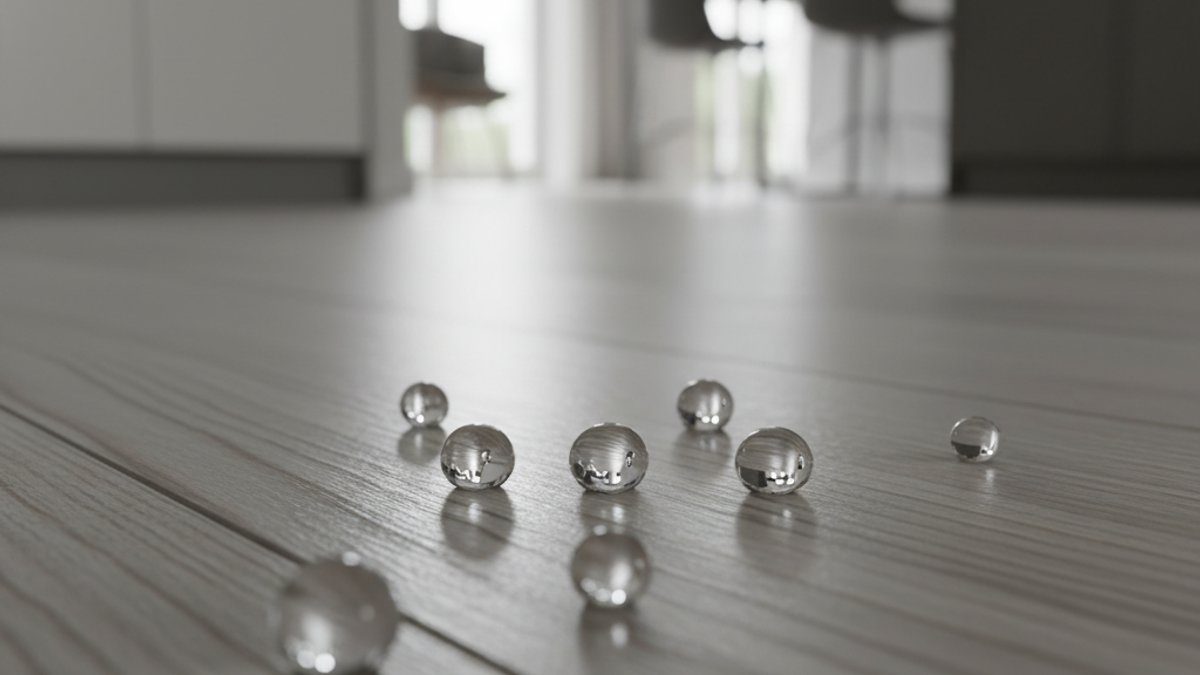 Giọt nước đọng trên bề mặt sàn gỗ công nghiệp chịu nước