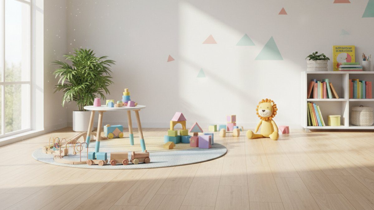 Phòng trẻ em với sàn gỗ công nghiệp chống trượt