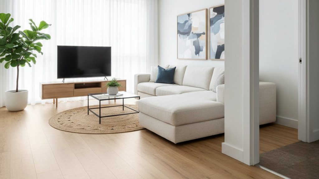 Phòng khách sàn gỗ công nghiệp, len tường trắng, nẹp sàn tinh tế