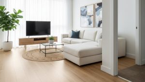 Phòng khách sàn gỗ công nghiệp, len tường trắng, nẹp sàn tinh tế