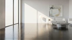 Sàn gỗ công nghiệp sạch bóng, phản chiếu ánh sáng