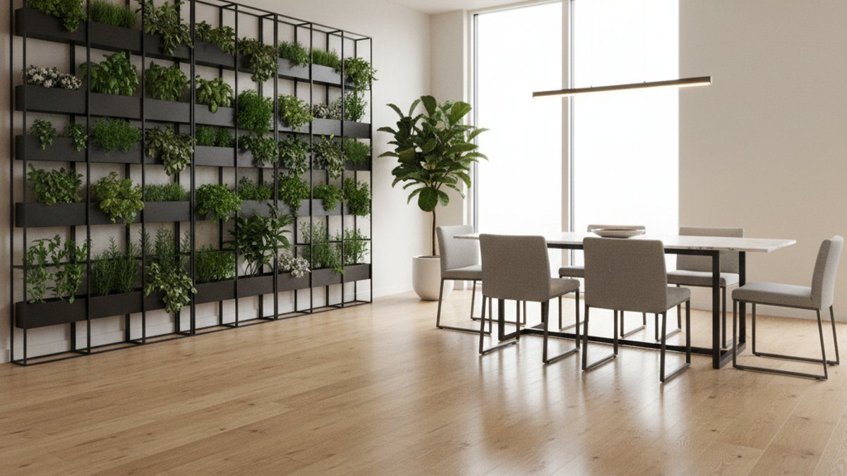 Phòng ăn sàn gỗ công nghiệp với vườn đứng thảo mộc