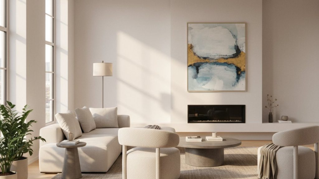 Phòng khách hiện đại với sàn gỗ kỹ thuật và sưởi sàn