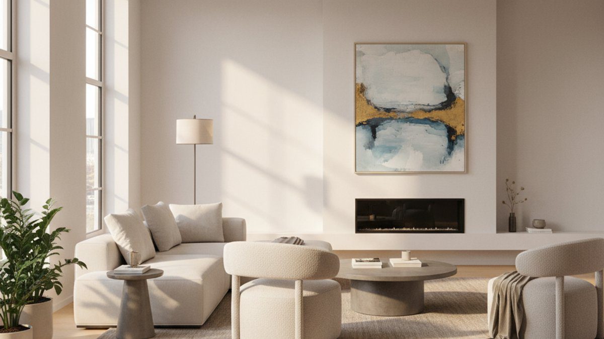 Phòng khách hiện đại với sàn gỗ kỹ thuật và sưởi sàn