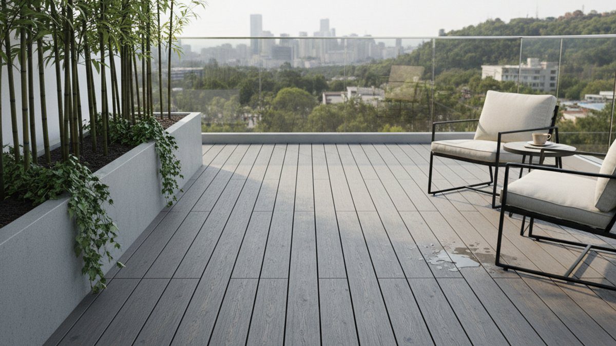 Sàn gỗ nhựa WPC màu nâu trên ban công hiện đại