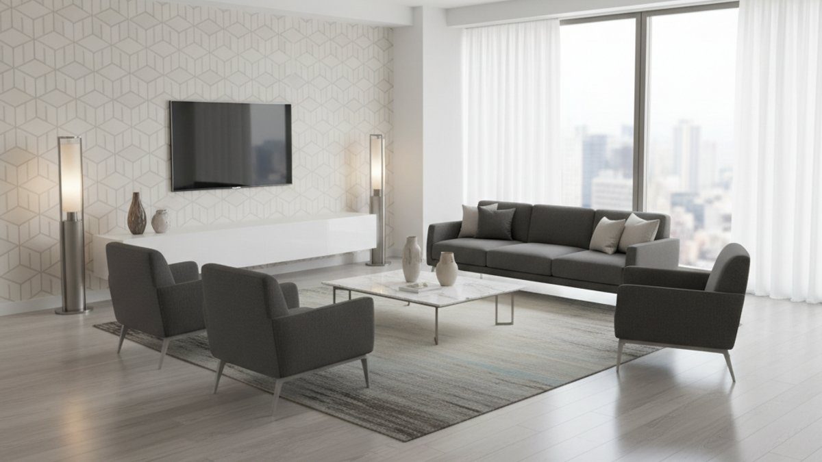 Phòng khách tối giản, sàn gỗ công nghiệp màu xám, giấy dán tường vân hình học