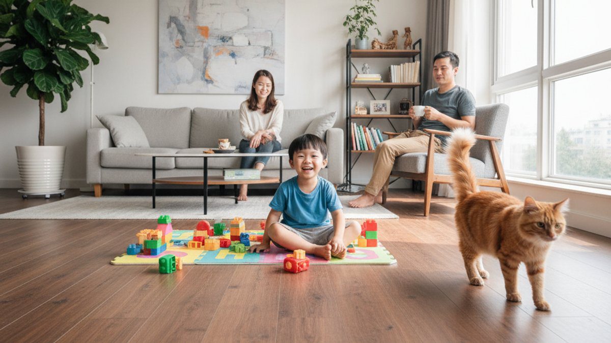 Gia đình sinh hoạt trên sàn gỗ công nghiệp