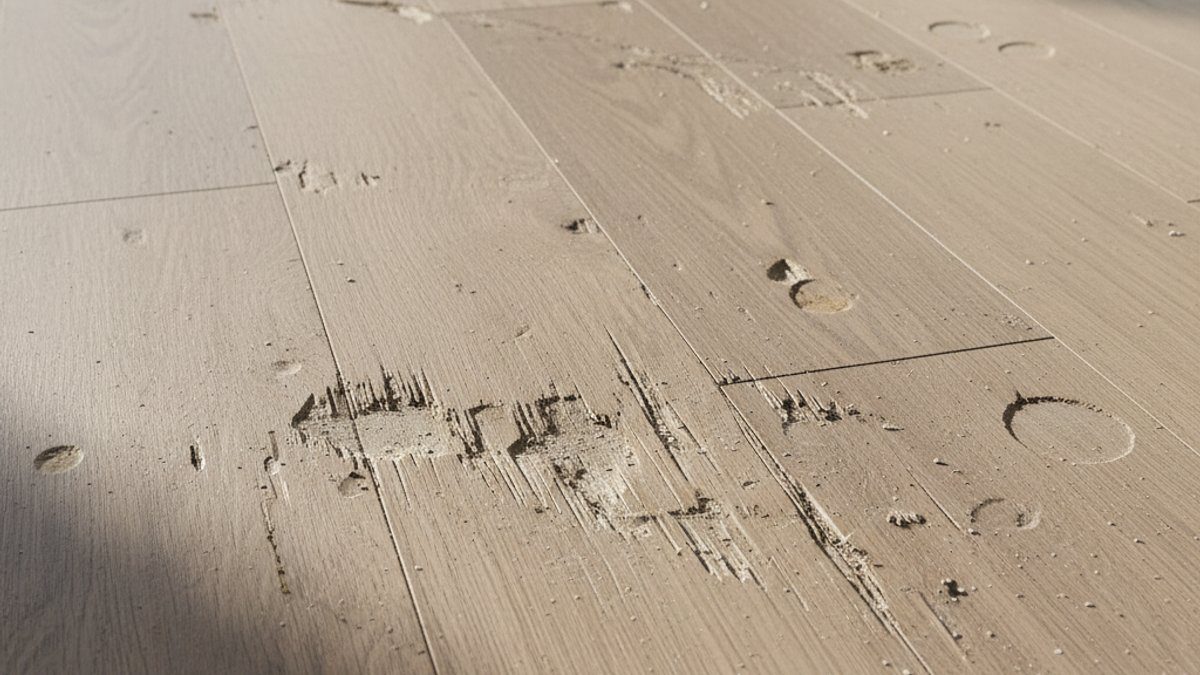 Bề mặt sàn gỗ bị trầy xước do thi công nội thất