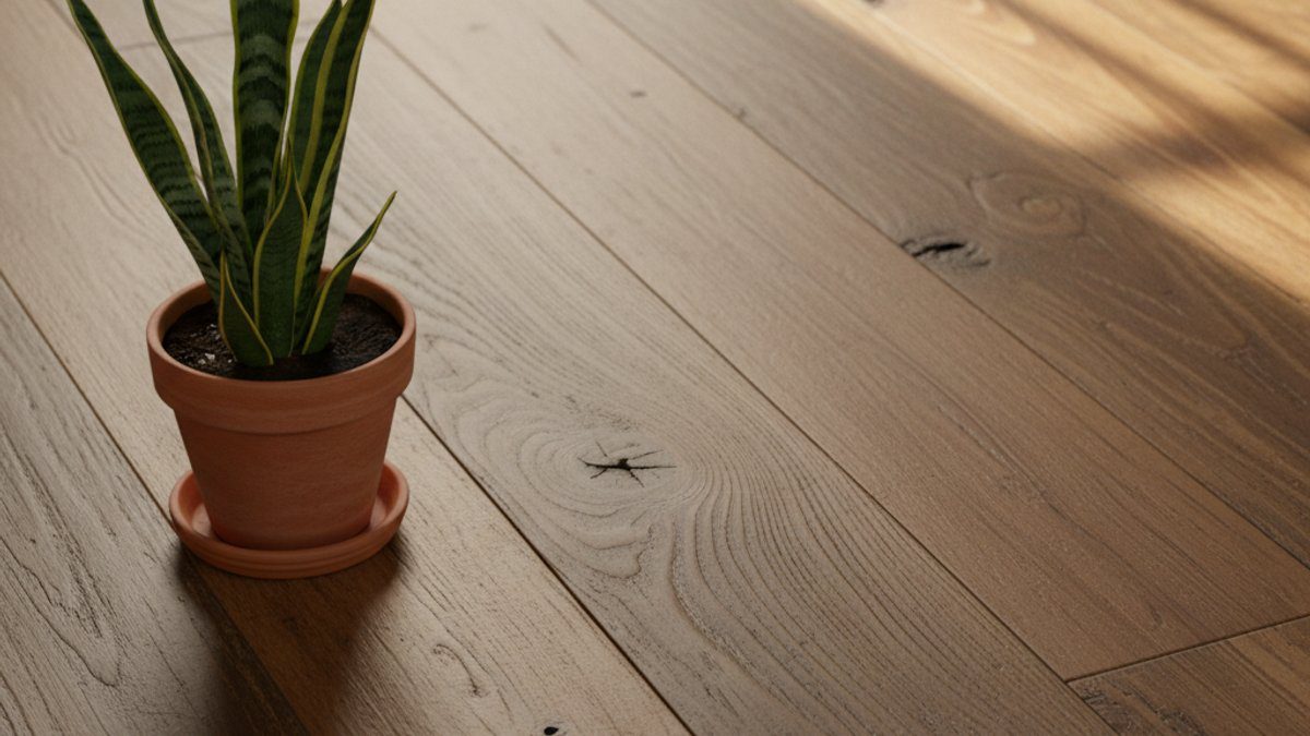 Sàn gỗ tự nhiên mộc mạc với chậu cây cảnh xanh