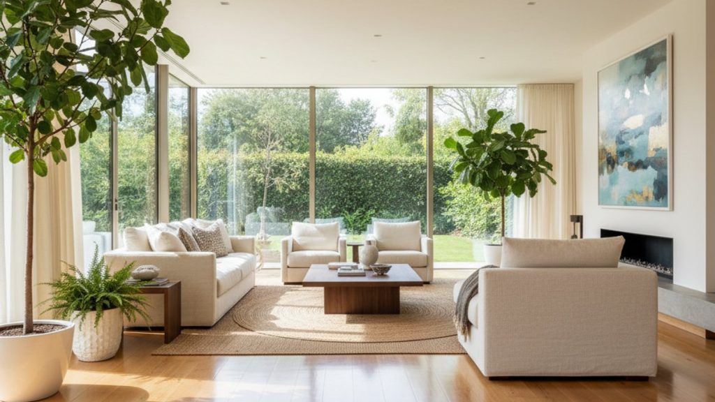 Sàn gỗ tự nhiên phòng khách hiện đại được bảo dưỡng kỹ lưỡng