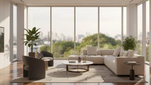 Phòng khách hiện đại với sàn gỗ tự nhiên màu ấm