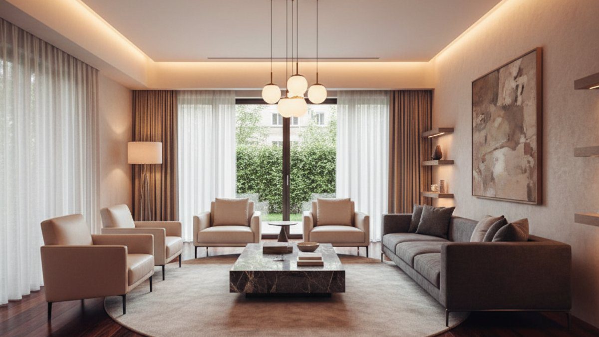 Phòng khách sang trọng với sàn gỗ tự nhiên màu tối