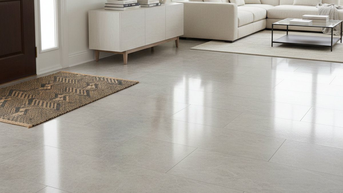 Sàn nhựa giả đá sạch sẽ và thảm chùi chân