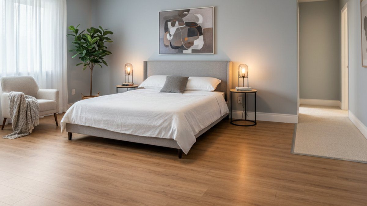 Phòng ngủ sàn nhựa giả gỗ, phụ kiện đồng bộ