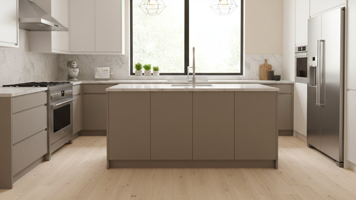 Bếp hiện đại lát sàn nhựa SPC vân gỗ