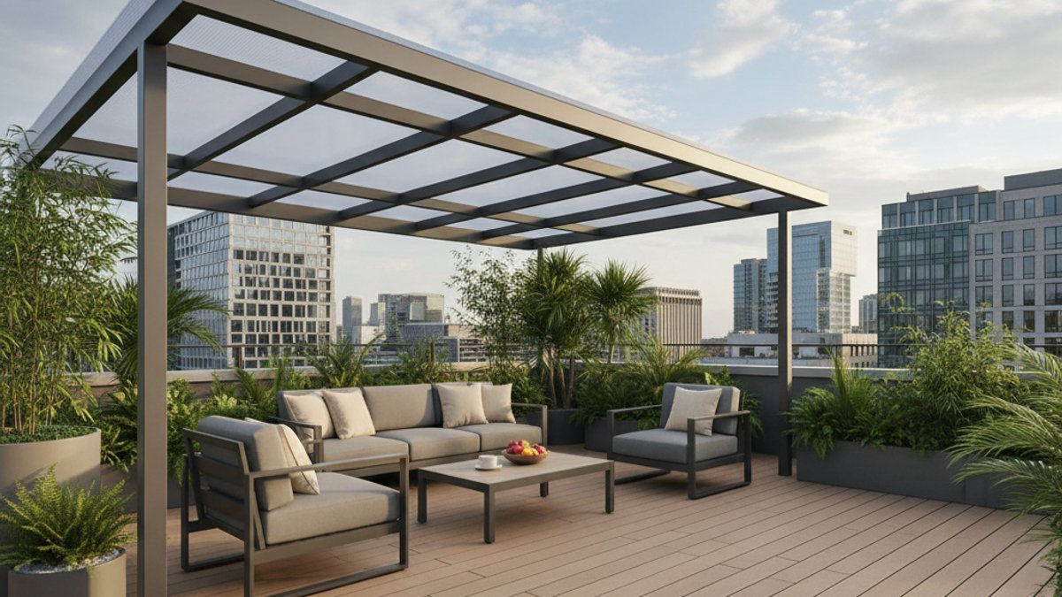 Sân thượng thiết kế hiện đại với mái polycarbonate và sàn WPC