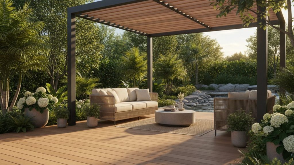 Sân vườn hiện đại với sàn gỗ nhựa WPC và giàn hoa