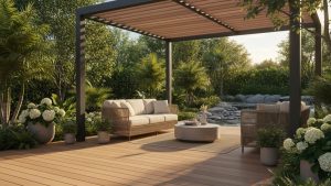 Sân vườn hiện đại với sàn gỗ nhựa WPC và giàn hoa