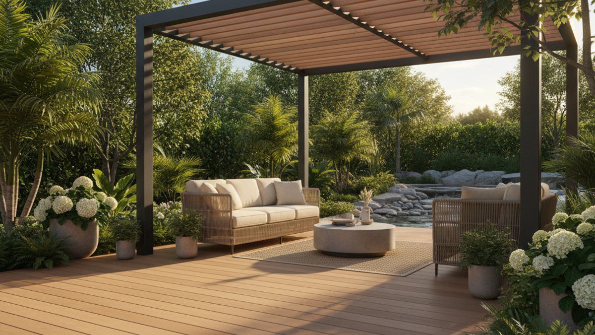 Sân vườn hiện đại với sàn gỗ nhựa WPC và giàn hoa