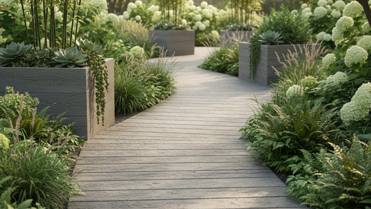 Lối đi và chậu cây gỗ xi măng trong sân vườn