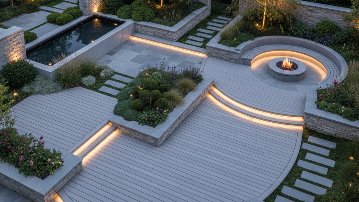 Sân vườn hiện đại bền vững với gỗ nhựa WPC và đá