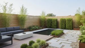 Sân vườn hiện đại kết hợp gỗ nhựa WPC, đá tự nhiên và cây xanh