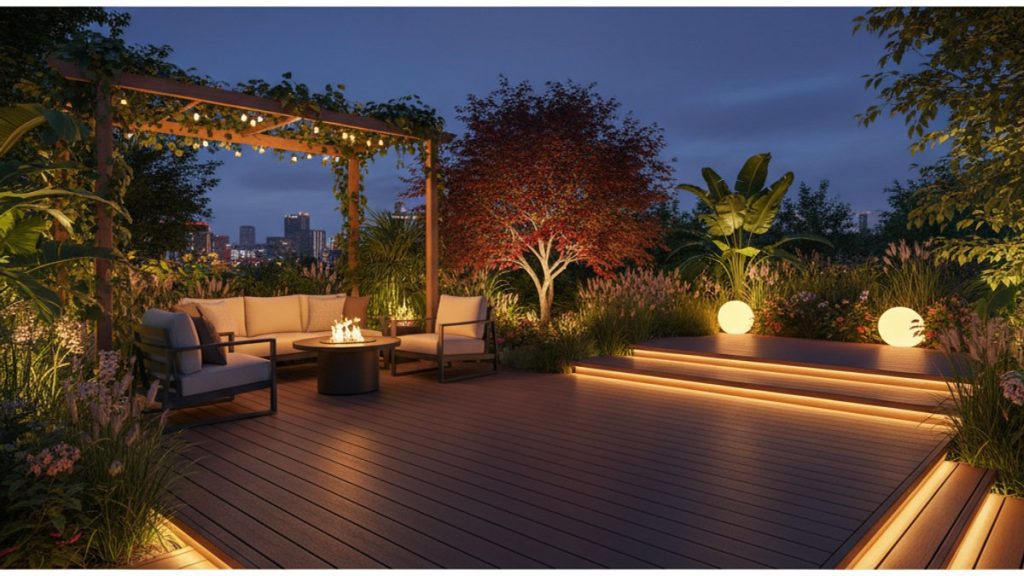 Sân vườn gỗ nhựa WPC ban đêm với đèn LED thông minh