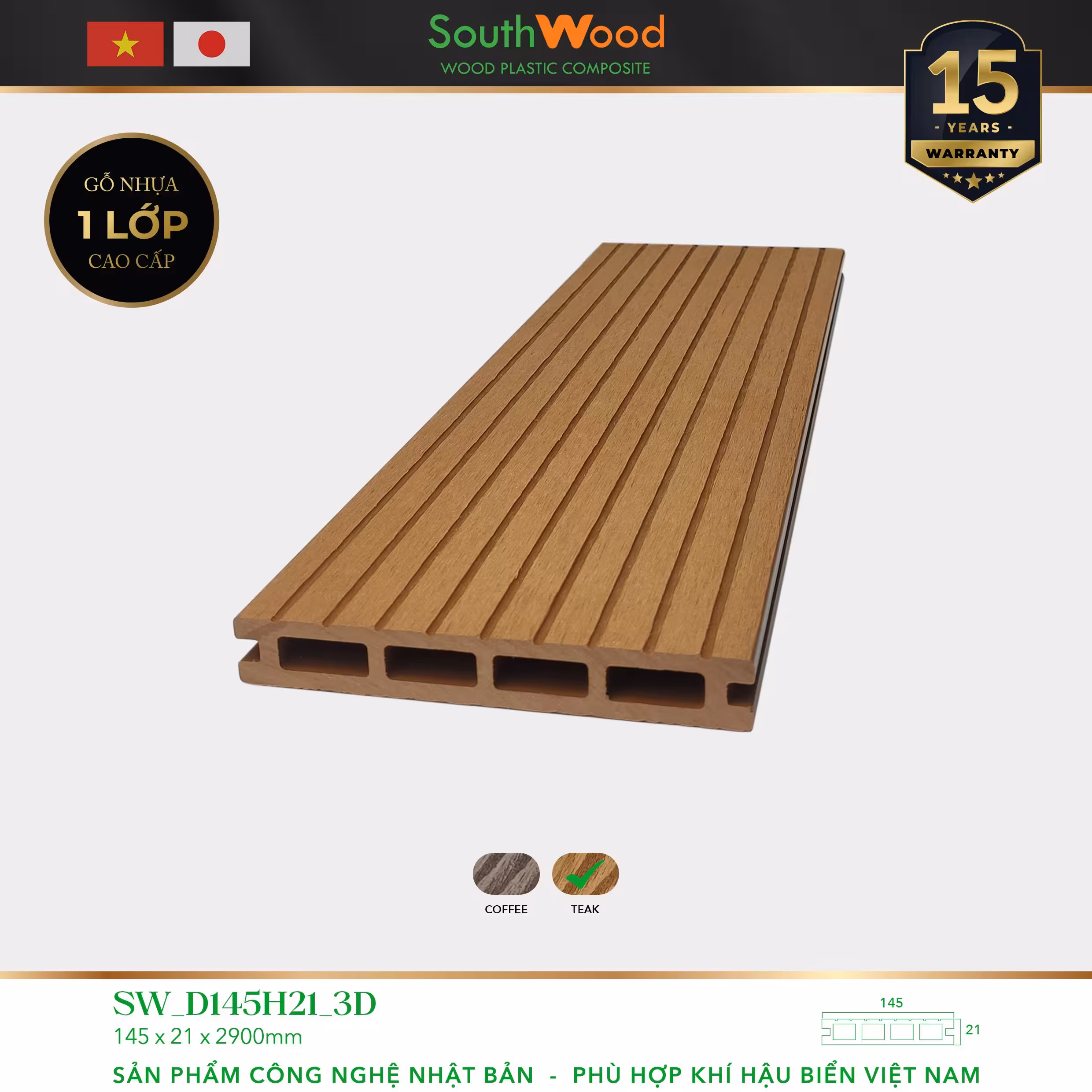 Sàn gỗ ngoài trời South Wood SW-D145H21-3D-Teak Sàn gỗ ngoài trời South Wood SW-D145H21-3D-Teak