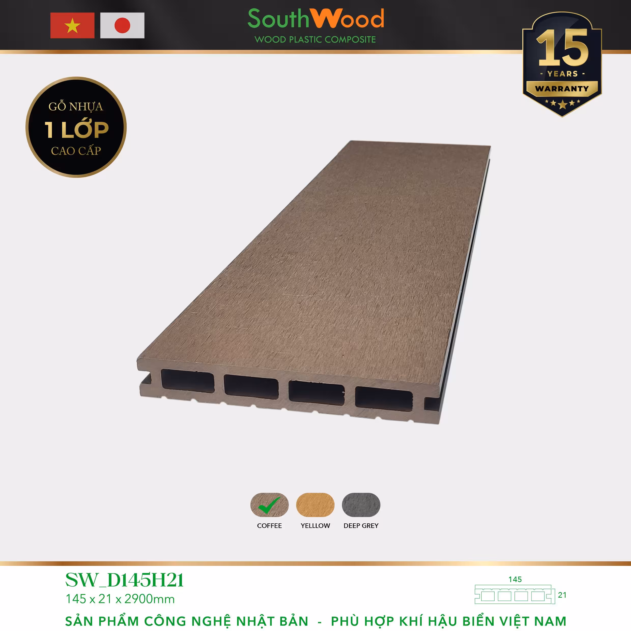 Sàn gỗ ngoài trời South Wood SW-D145H21-Coffee Sàn gỗ ngoài trời South Wood SW-D145H21-Coffee