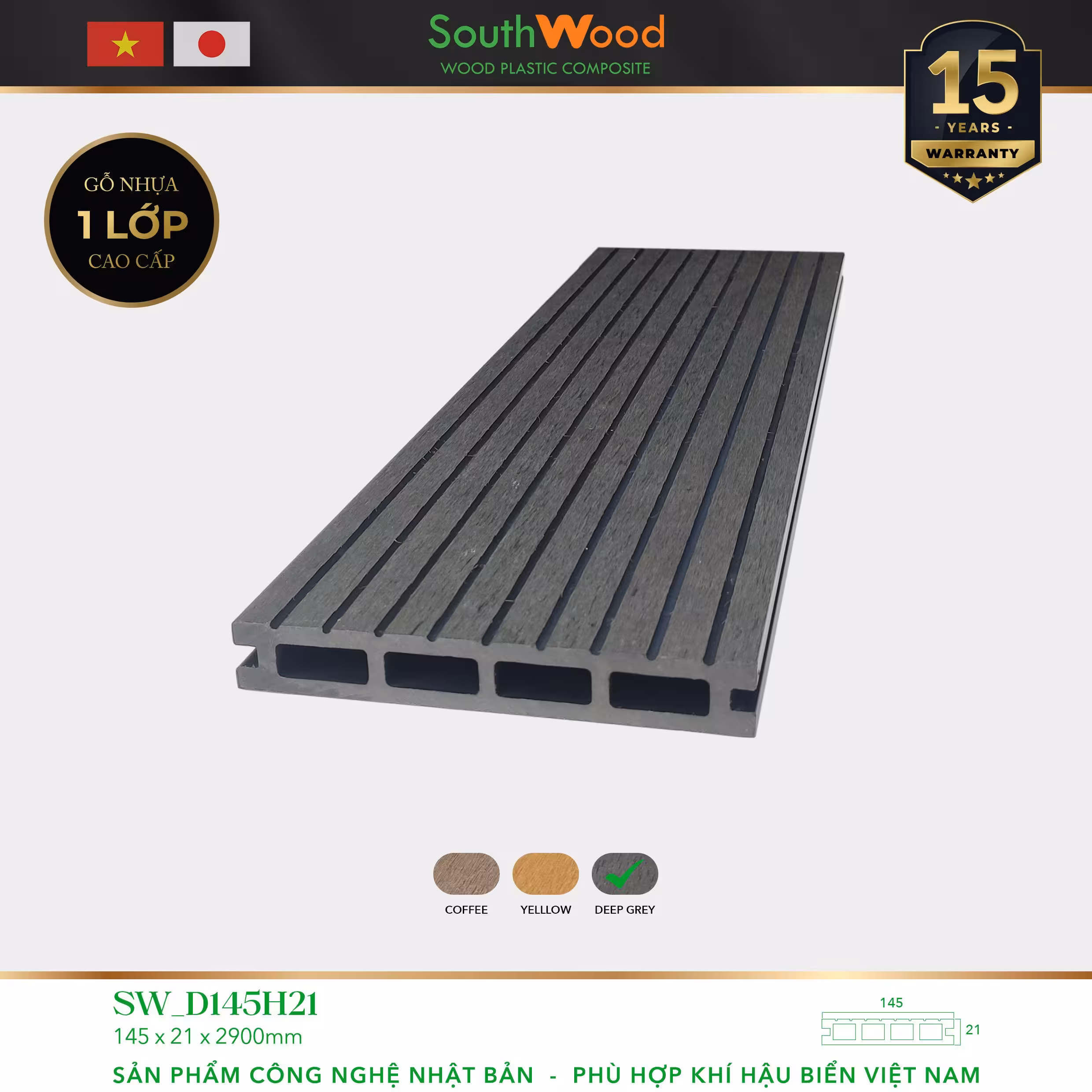 Sàn gỗ ngoài trời South Wood SW-D145H21-Deep Grey Sàn gỗ ngoài trời South Wood SW-D145H21-Deep Grey