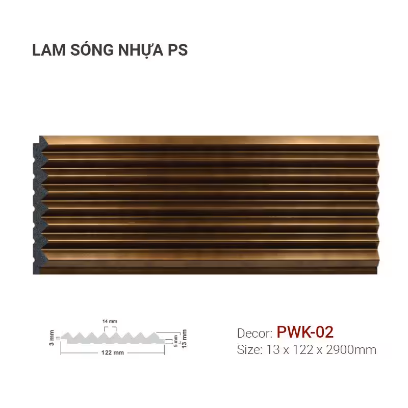 Lam Sóng Nhựa PS Nâu Vân Gỗ PWK-02 Lam Sóng Nhựa PS Nâu Vân Gỗ PWK-02