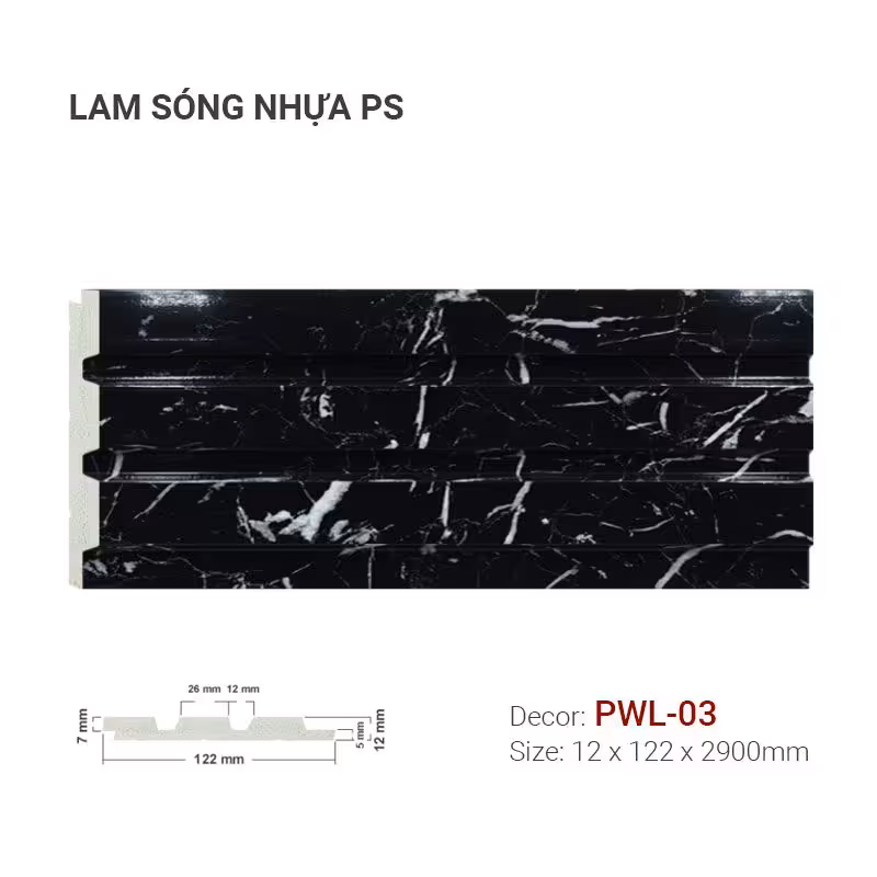 Lam Sóng Nhựa PS Vân Đá Đen Bóng PWL-03 Lam Sóng Nhựa PS Vân Đá Đen Bóng PWL-03