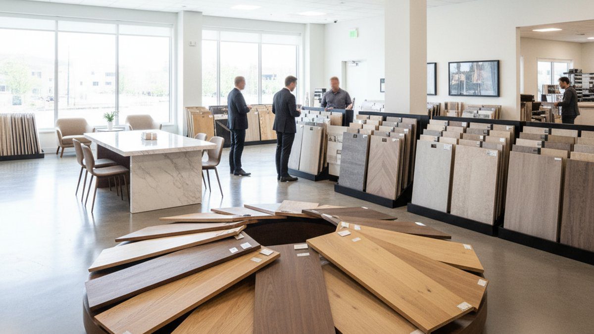 Showroom Vua Sàn Gỗ trưng bày nhiều loại sàn gỗ và sàn nhựa