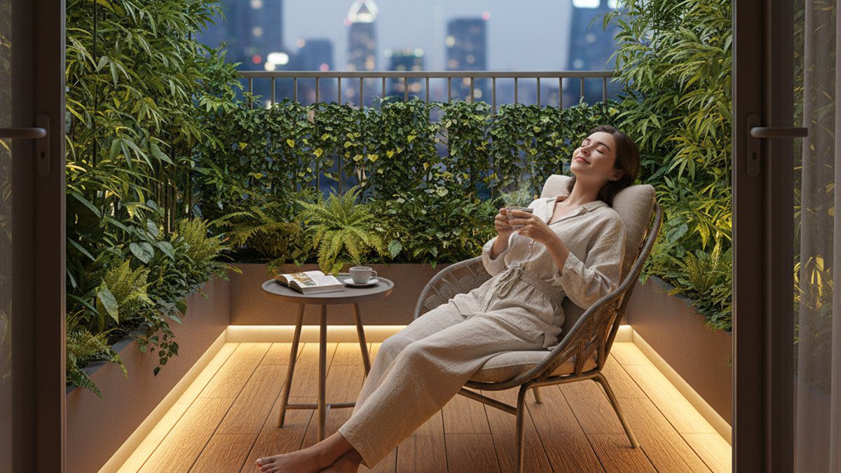 Người thư giãn trên ban công nhỏ lát sàn WPC