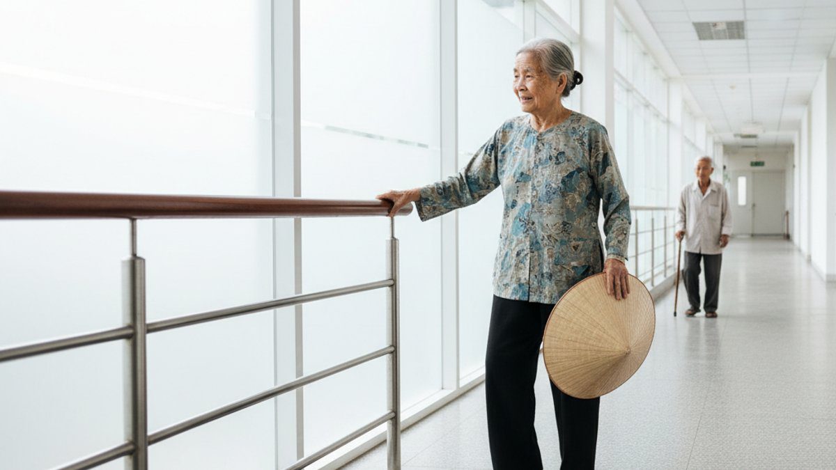 Người lớn tuổi sử dụng tay vịn cầu thang an toàn