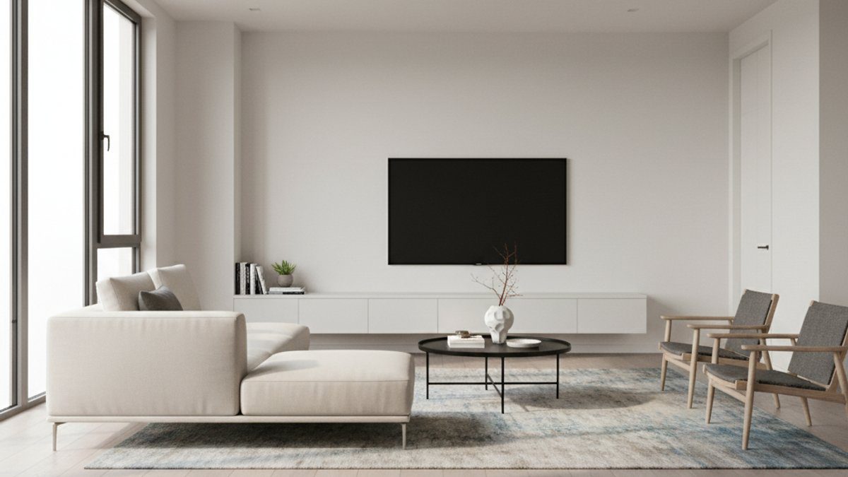 Phòng khách căn hộ chung cư với sàn gỗ kỹ thuật màu xám hiện đại