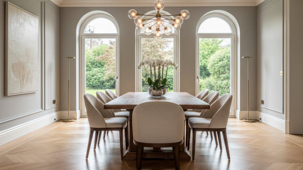 Phòng ăn với sàn gỗ tự nhiên màu nâu sáng, phong cách cổ điển