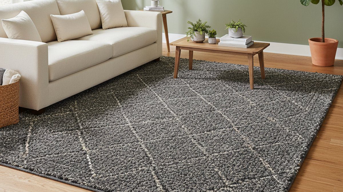 Thảm trải sàn dày đặt trên sàn gỗ phòng khách