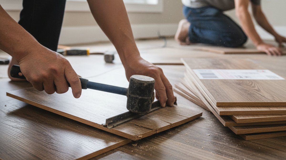 Thợ đang tháo dỡ và thay thế ván sàn gỗ công nghiệp bị hỏng do nước