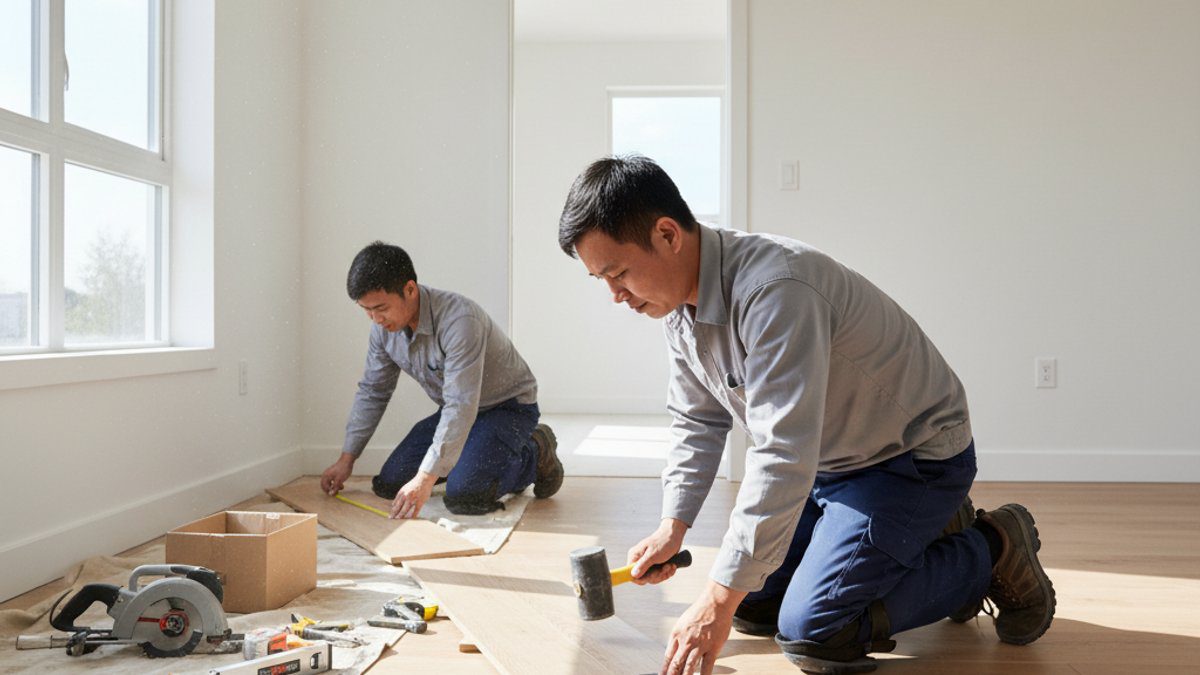 Thợ thi công sàn gỗ đang lắp đặt ván sàn trong phòng