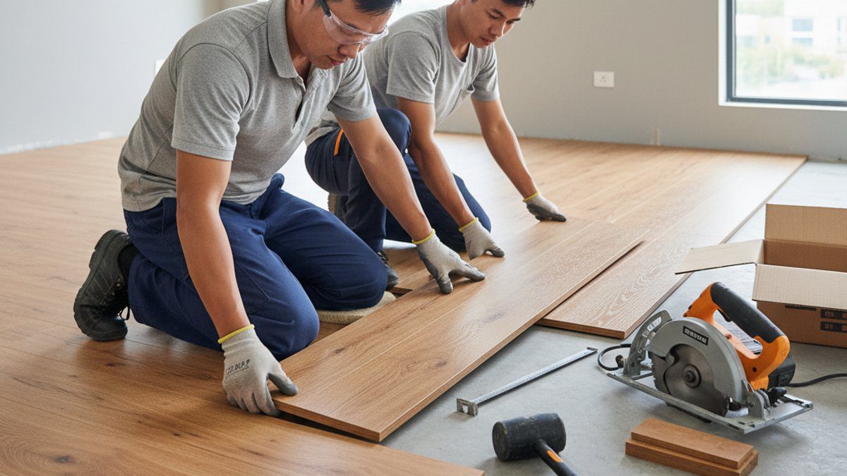 Thợ đang lắp đặt sàn gỗ kỹ thuật trong nhà