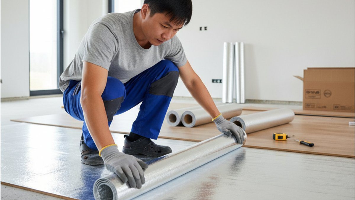 Thợ trải xốp lót sàn chống ẩm