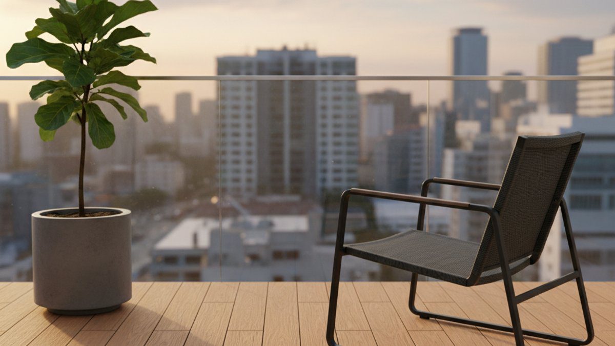 Ban công nhỏ lát sàn WPC với thiết kế tối giản