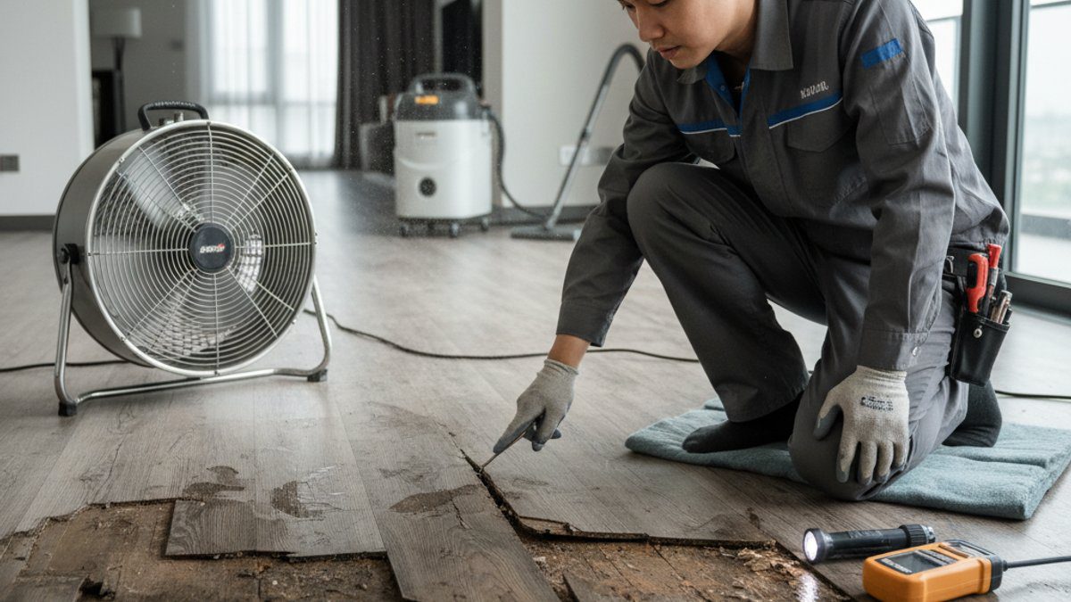 Thợ chuyên nghiệp đang kiểm tra tình trạng sàn gỗ công nghiệp bị hư hại nặng