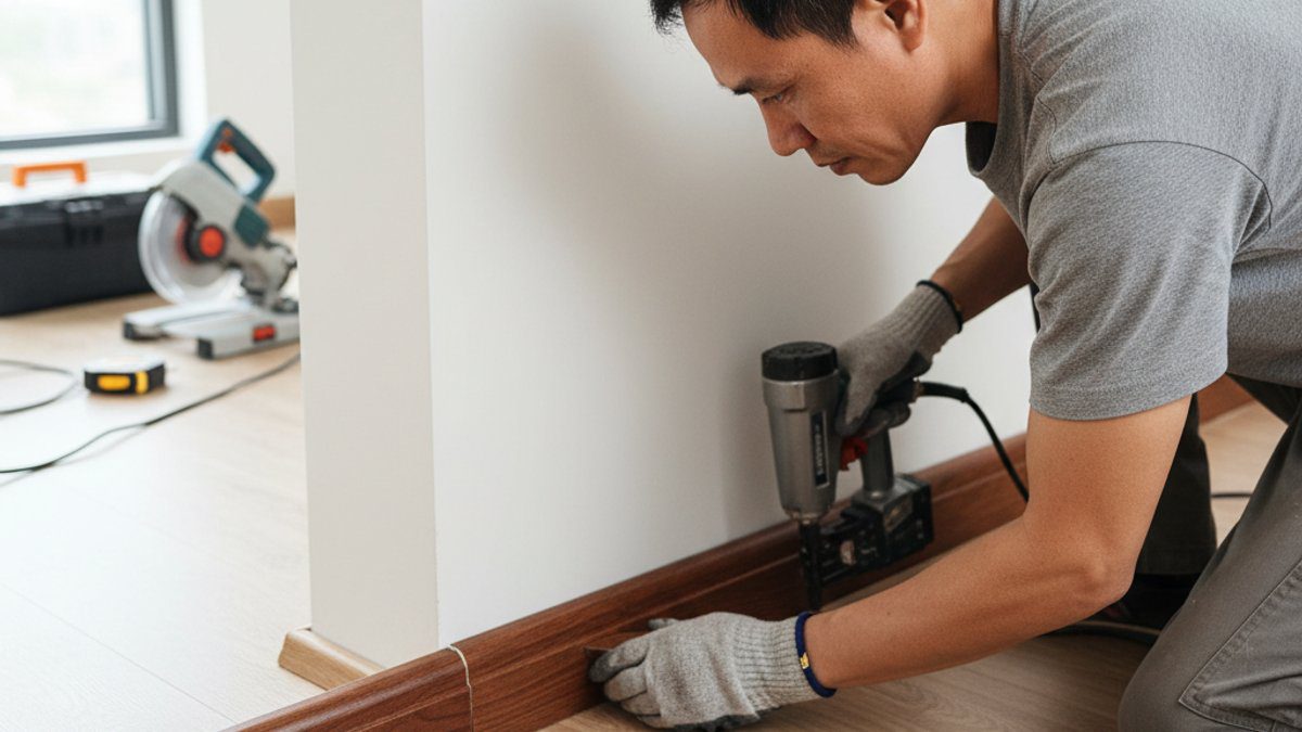 Thợ lắp đặt len tường sàn gỗ