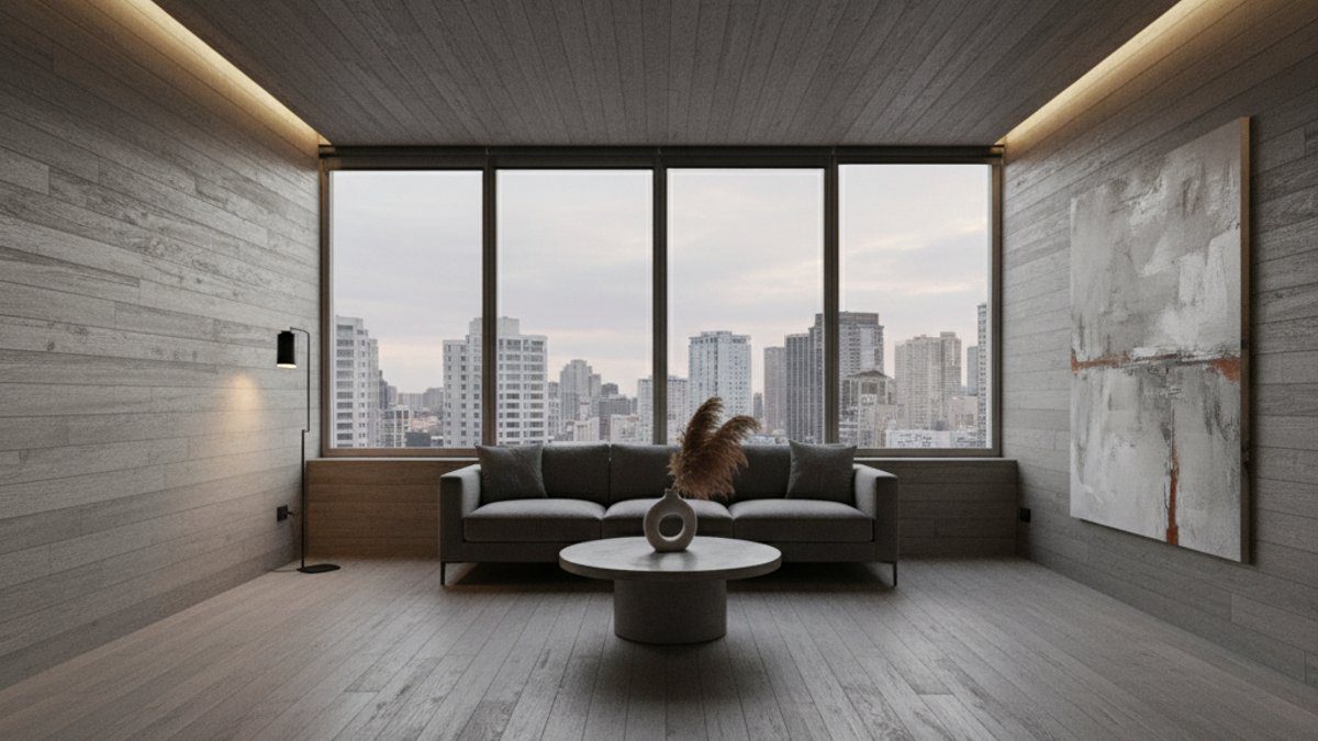 Không gian nội thất ốp trần và sàn gỗ xi măng