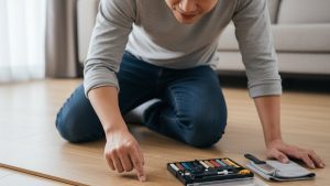 Gia chủ kiểm tra vết xước sàn gỗ công nghiệp với bộ kit sửa chữa