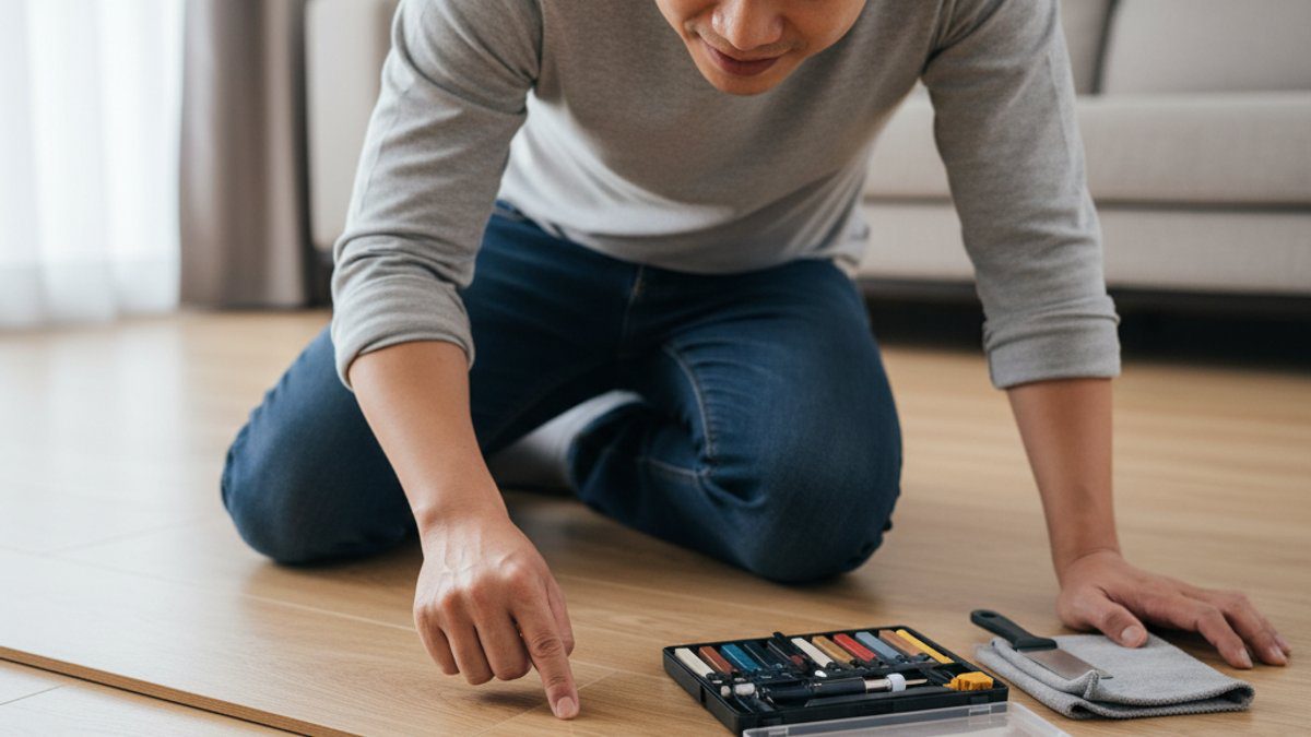 Gia chủ kiểm tra vết xước sàn gỗ công nghiệp với bộ kit sửa chữa